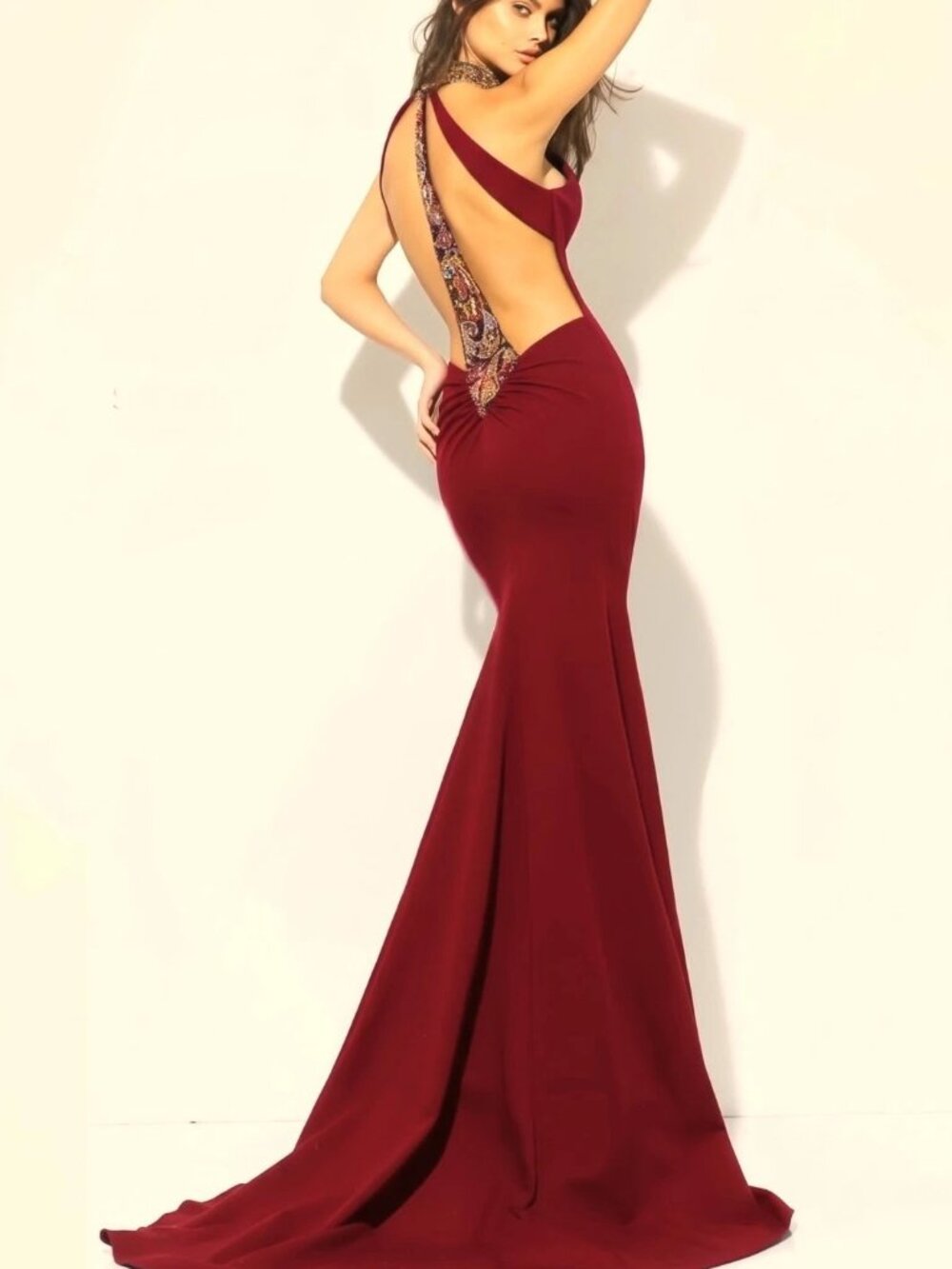 Sherri Hill Wine Burgundy Red Beaded Scuba Gown